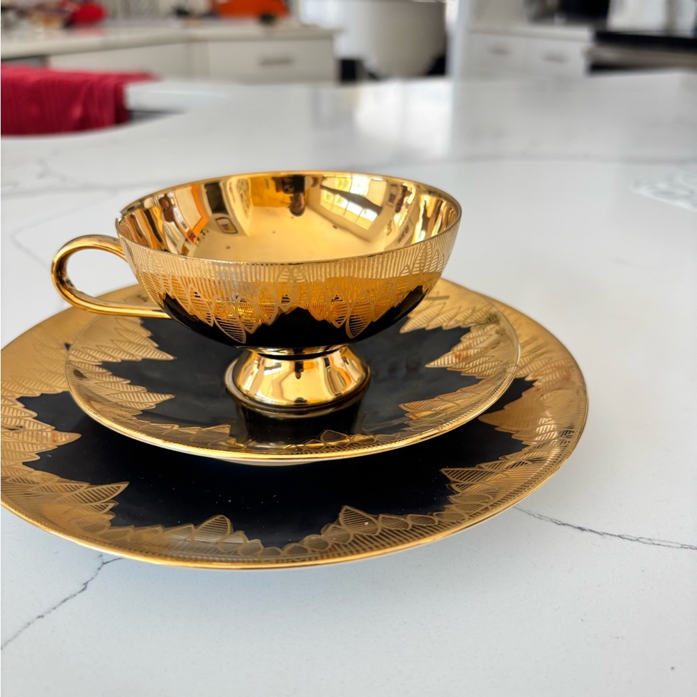 Bavaria Germany 3 piece Gold and Black Teacup and Saucer Set